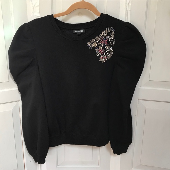 Express Black Embellished Sweatshirt w/ Puffed Sleeves - Picture 1 of 15